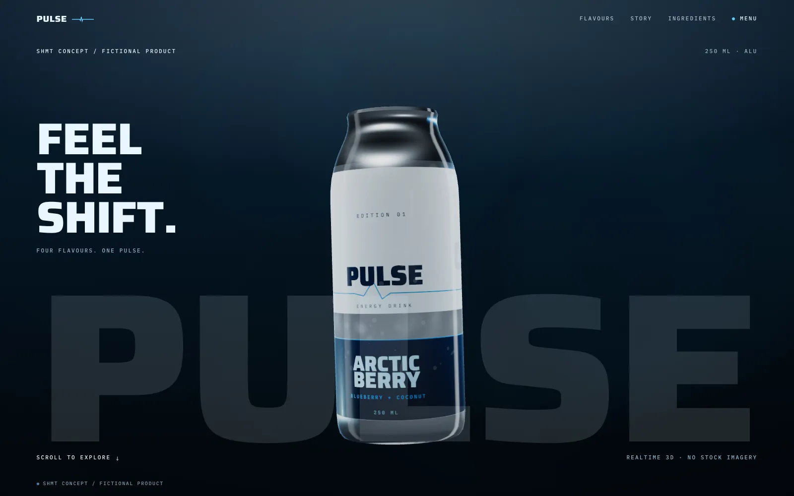 Startseite der Demo „PULSE“: dunkelblaue Gestaltung mit der Überschrift „Feel the shift.“ und einer räumlich gerenderten Getränkedose in der Mitte.